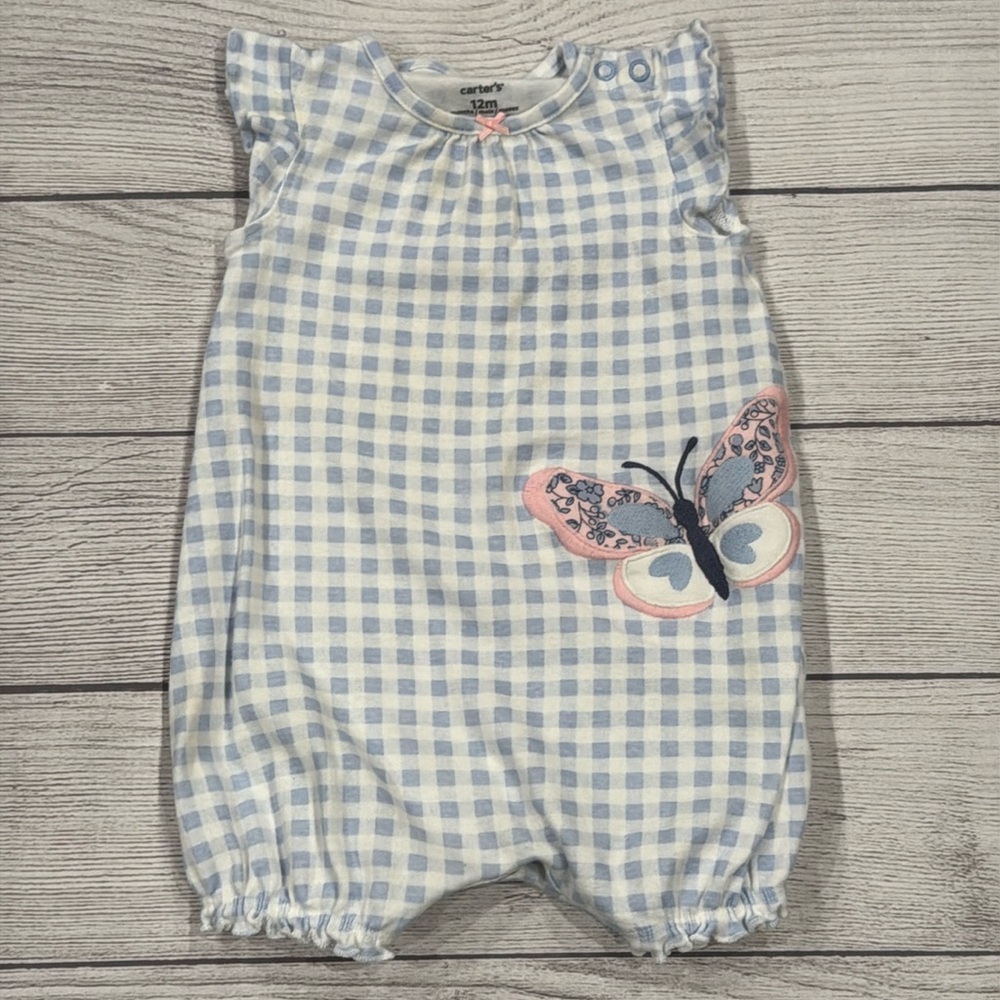 Carter’s Baby Girls Blue and White Gingham Check Romper with Butterfly